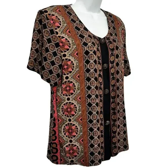 Vintage Brown Red Geometric Button Up Short Sleeve Top Skirt Suit Set size M - Picture 11 of 16